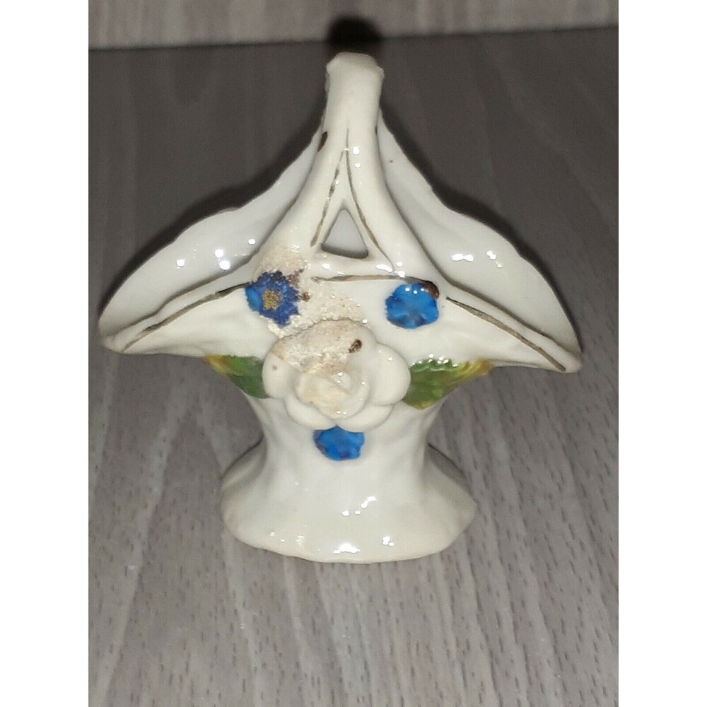 Vtg Miniature Porcelain Rose And Blue Flowers Basket 3"H Gold Trim Japan Petite